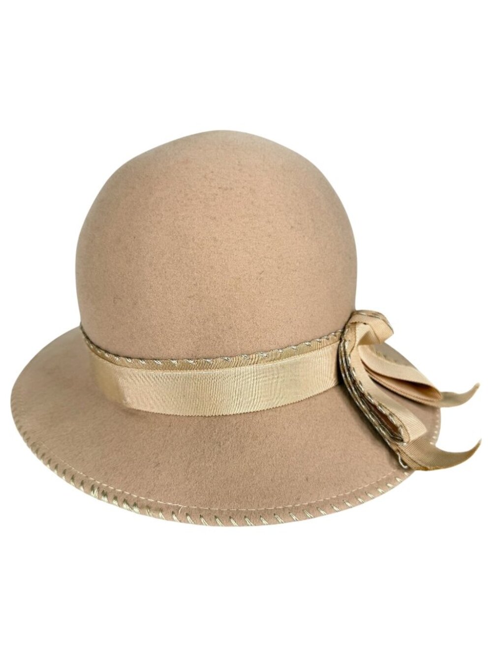 Geo W Bollman Miss JoAnn Tan Wool Felt Cloche Hat Satin Ribbon Bow Vintage - Picture 2 of 7